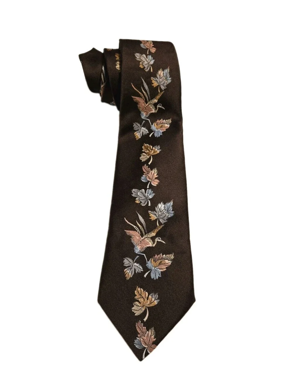 VTG 70s Sears The Mens Store Crane Bird Leaf Embroidered Brown Poly Wide Necktie